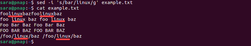 cat example.txt terminal output replacing globally