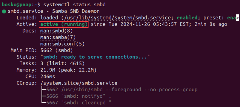 Checking the Samba service status in Ubuntu.