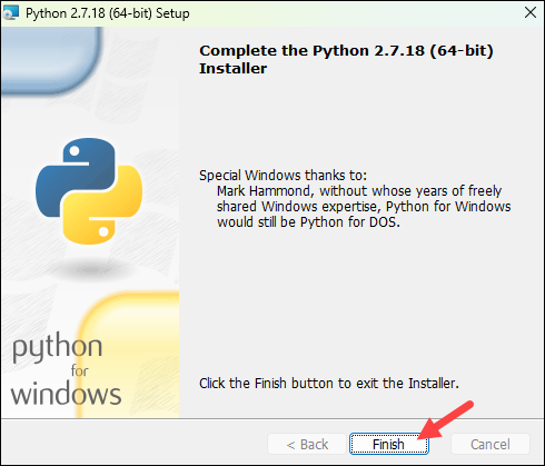 Conclude Python 2.7 installation on Windows.