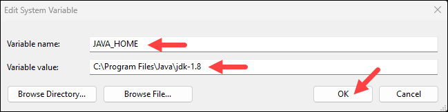 Add JAVA_HOME variable and append installation folder path.