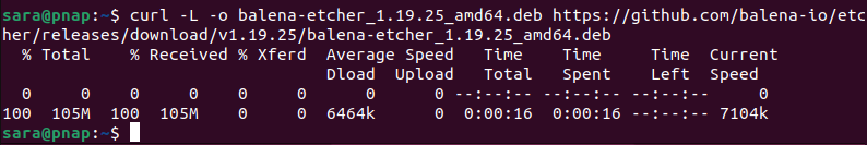 curl -L -o balena-etcher_1.19.25_amd64.deb https://github.com/balena-io/etcher/releases/download/v1.19.25/balena-etcher_1.19.25_amd64.deb terminal output