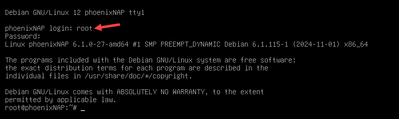 Debian 12 login root output