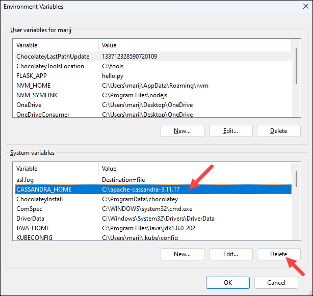 Deleting the CASSANDRA_HOME environment variable in Windows.