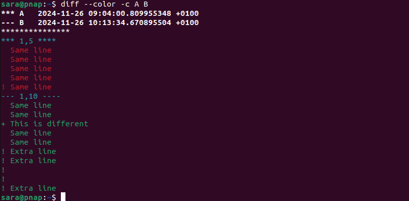 diff --color -c A B terminal output