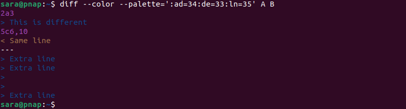 diff --color --palette=':ad=34:de=33:ln=35' A B terminal output