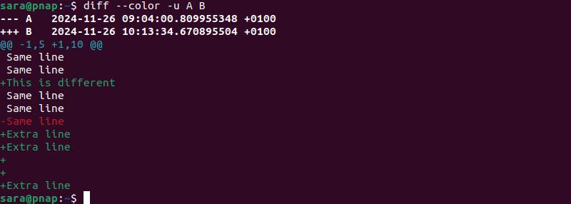 diff --color -u A B terminal output