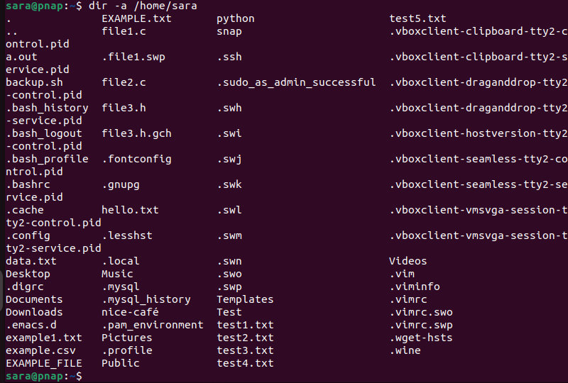 dir -a /home/sara terminal output