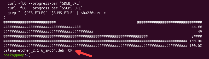 Download Etcher with curl and verify checksum.