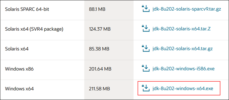 Location of the Java 8 download link on the official Oracle download page.