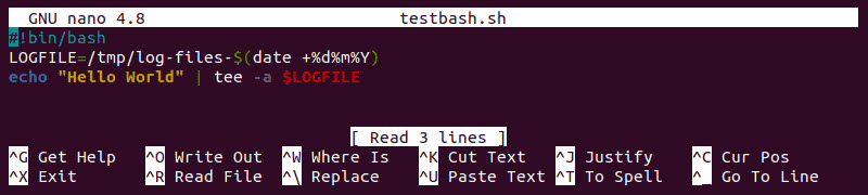 Editing a bash script containing the tee command.