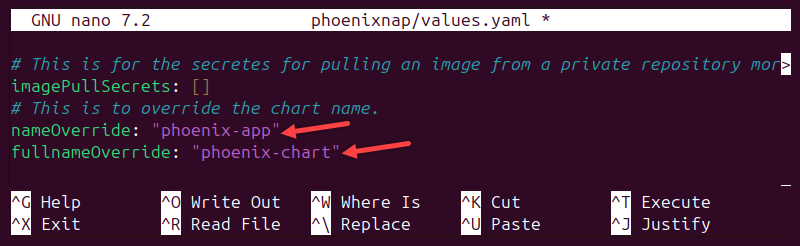 Changed chart name override values in the values.yaml file