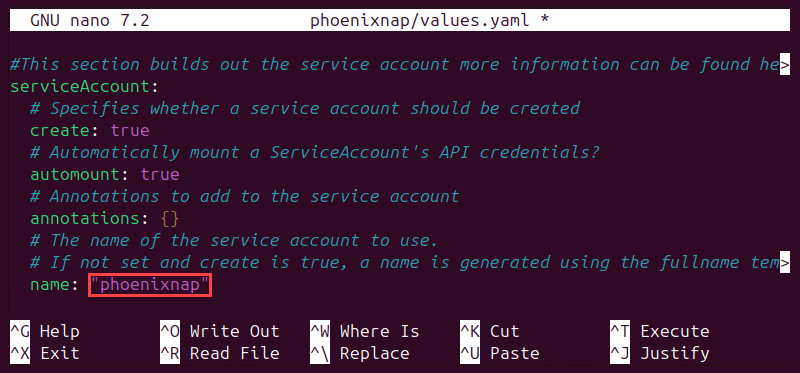 Changed service account name in the values.yaml file