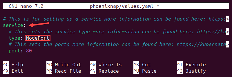 Changed service type in the values.yaml file.