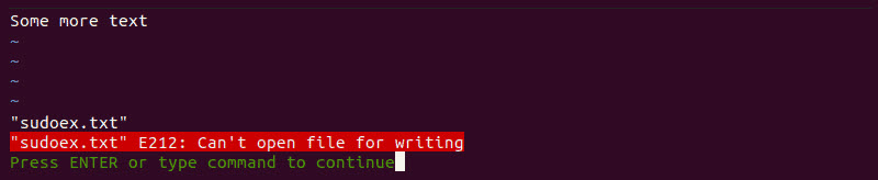 Attempting to save changes to a root-owned file in Vim.