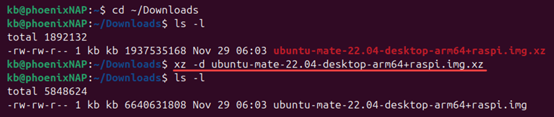 extract xz -d ubuntu MATE .img.xz terminal output