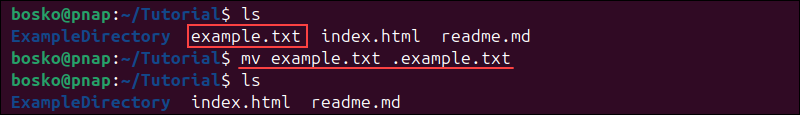 Hiding a file using the terminal in Linux.