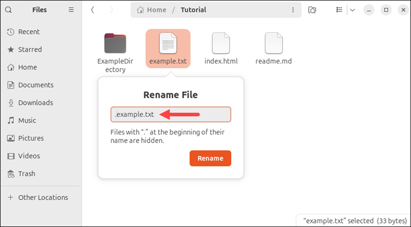 Hide a file in Linux using the GUI.