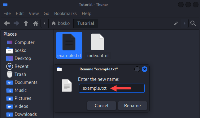 Hiding a file in the XFCE desktop environment.