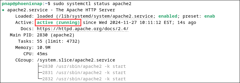 Apache web server status in Debian 12.