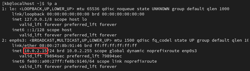 ip a inet address terminal output