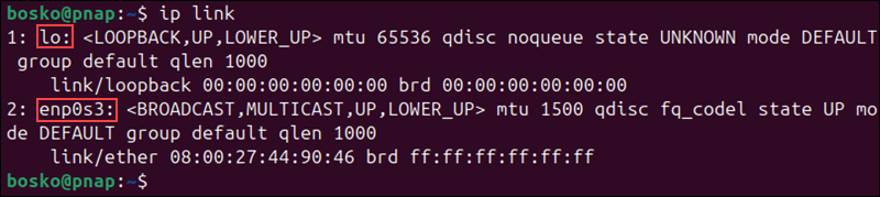 ip command output in Ubuntu.