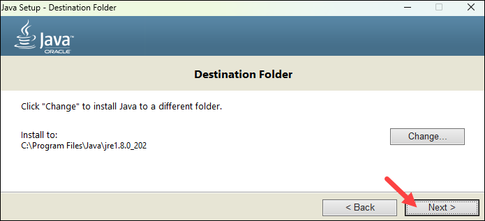 Confirm the Java installation destination folder.