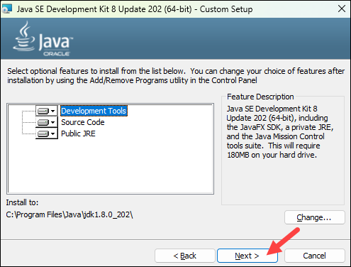 Selecting Java optional features and installation location.