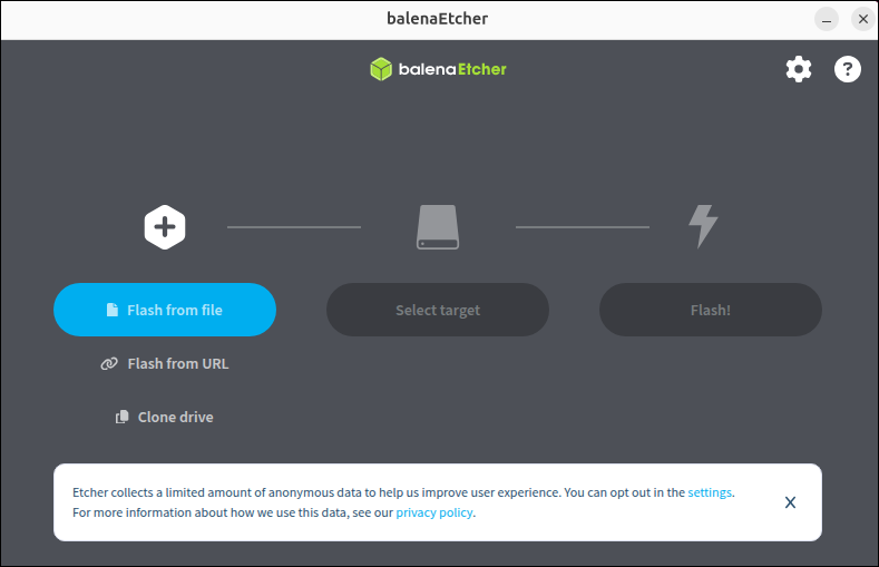 Balena Etcher UI on Ubuntu.