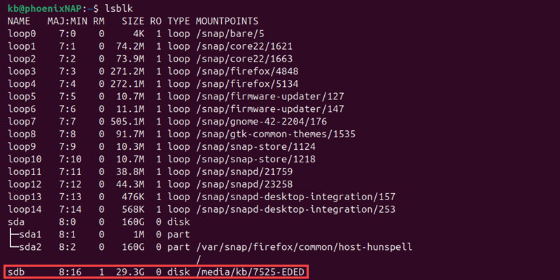 lsblk sdb drive terminal output