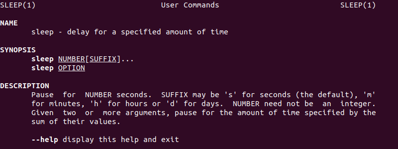 man -a sleep terminal output