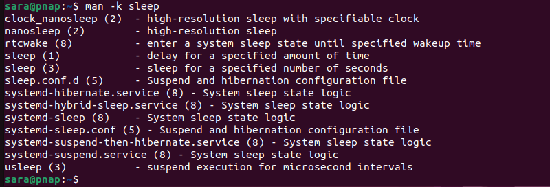 man -k sleep terminal output