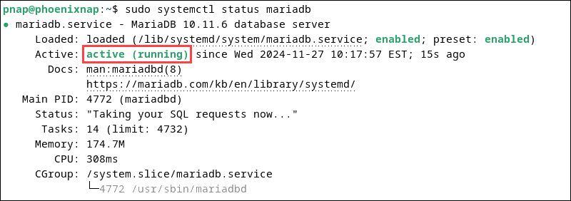 Status of the MariaDB service on Debian 12.