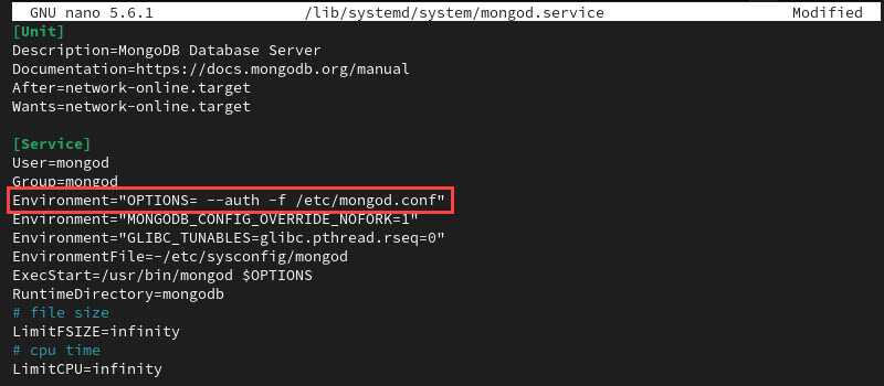 MongoDB server options auth