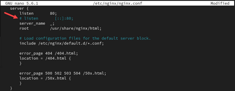 nginx.conf listen IPv6 comment