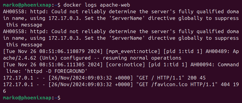 Using a docker log command to fetch container logs.