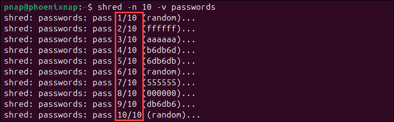 shred file in Linux multiple times.