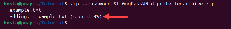 Archiving and password-protecting a hidden file in Linux with zip.