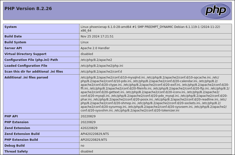 PHP configuration page on Debian LAMP stack.