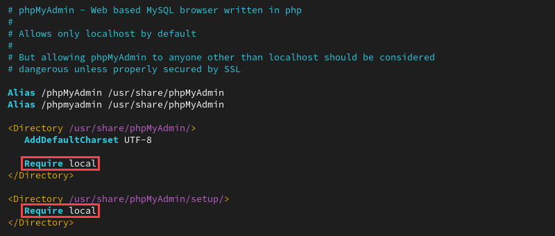 phpMyAdmin config require local default