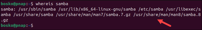 Printing the Samba installation directory in the terminal.