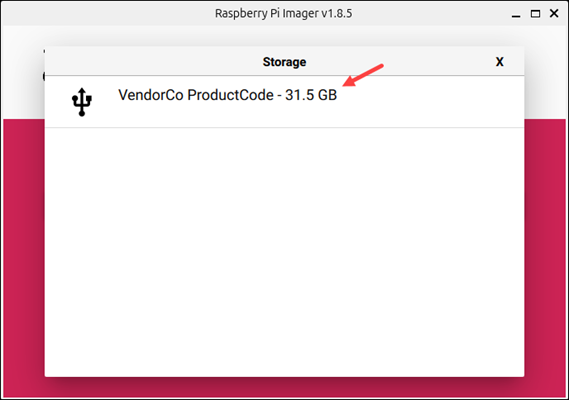 Raspberry Pi Imager choose storage