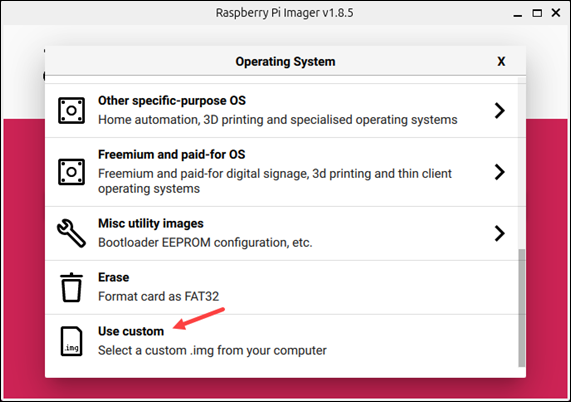 Raspberry Pi Imager use custom OS option