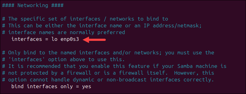 Networking subsection in Samba config file.