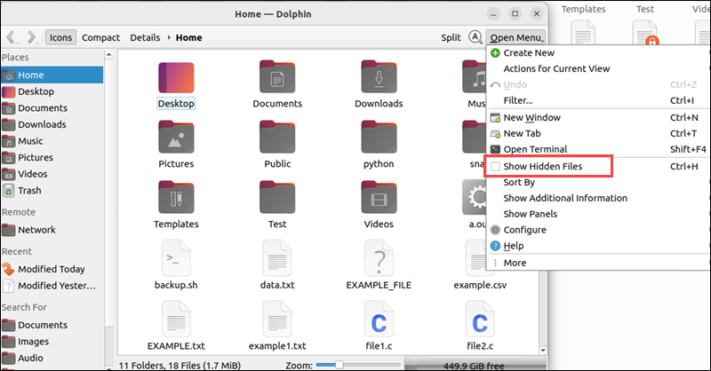 Show hidden files in Dolphin