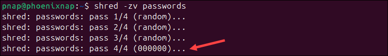 Overwriting a file with zeroes using the shred command in Linux.