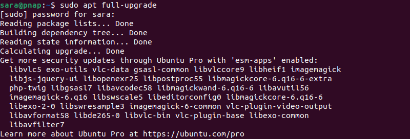 sudo apt full-upgrade terminal output