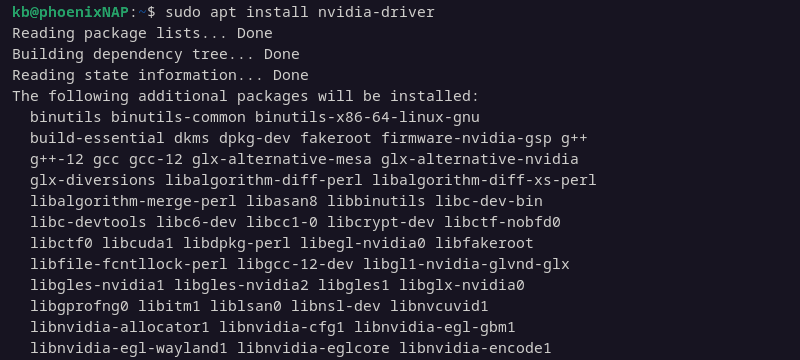 sudo apt install nvidia-driver terminal output debian 12