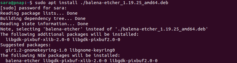 sudo apt install ./balena-etcher_1.19.25_amd64.deb terminal output