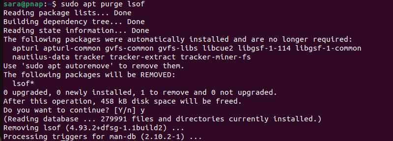 sudo apt purge lsof terminal output