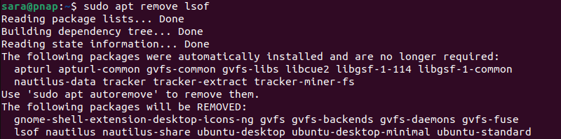 sudo apt remove lsof  terminal output